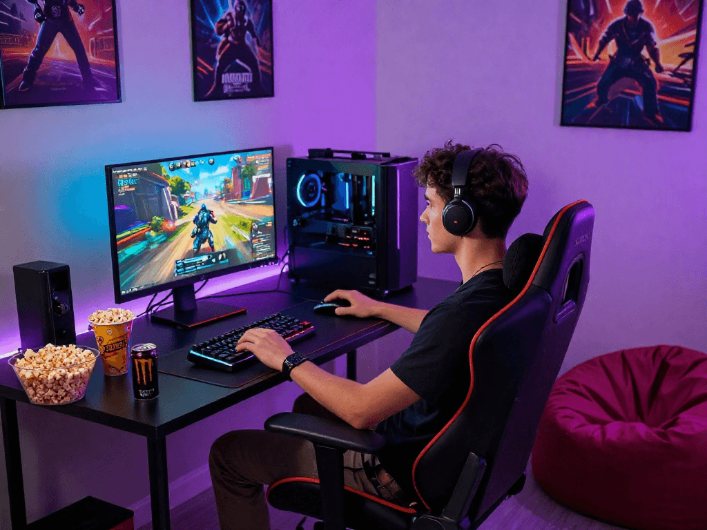 Engaged gamer playing an adult game on a high-resolution computer, showcasing a vibrant gaming atmosphere.