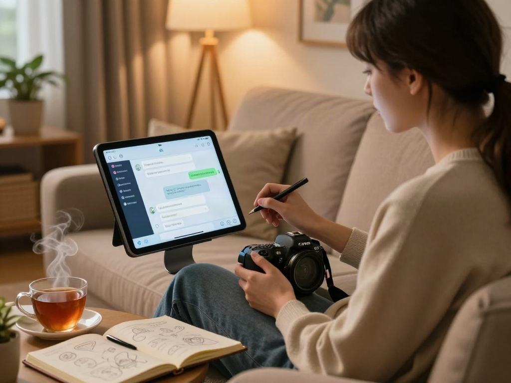 User engaged in AI sex chat on a touchscreen device in a cozy living room.