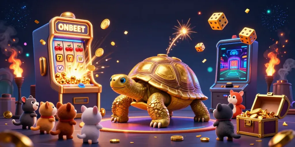 Experience the excitement of ONBET with a dynamic casino scene filled with games and animated characters.