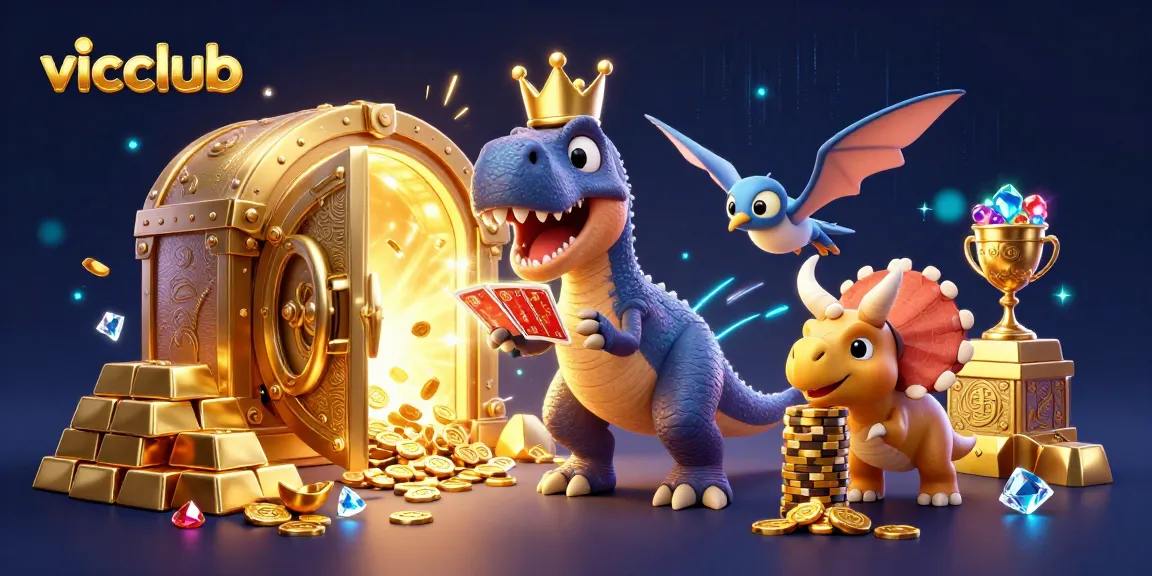 Engage with vicclub in a dynamic 3D casino scene featuring a T-Rex playing cards alongside a triceratops with golden chips.