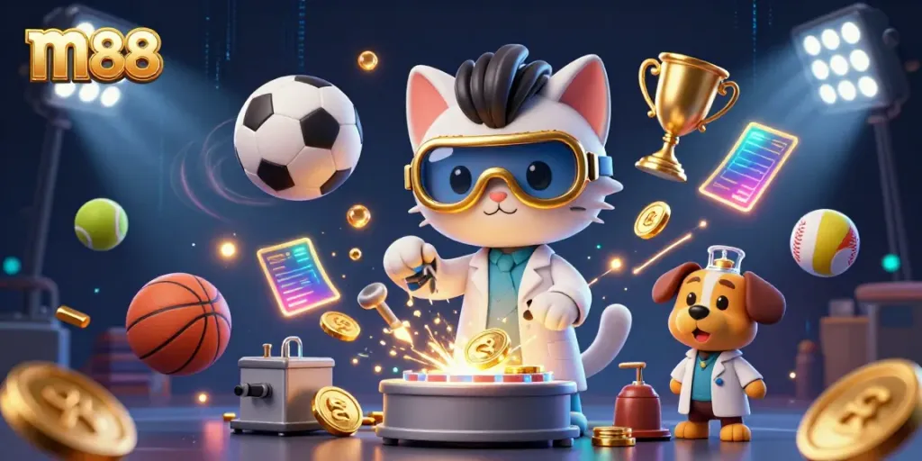 m88's dynamic casino scene featuring a mad scientist cat, assistant dog, and vibrant sports elements