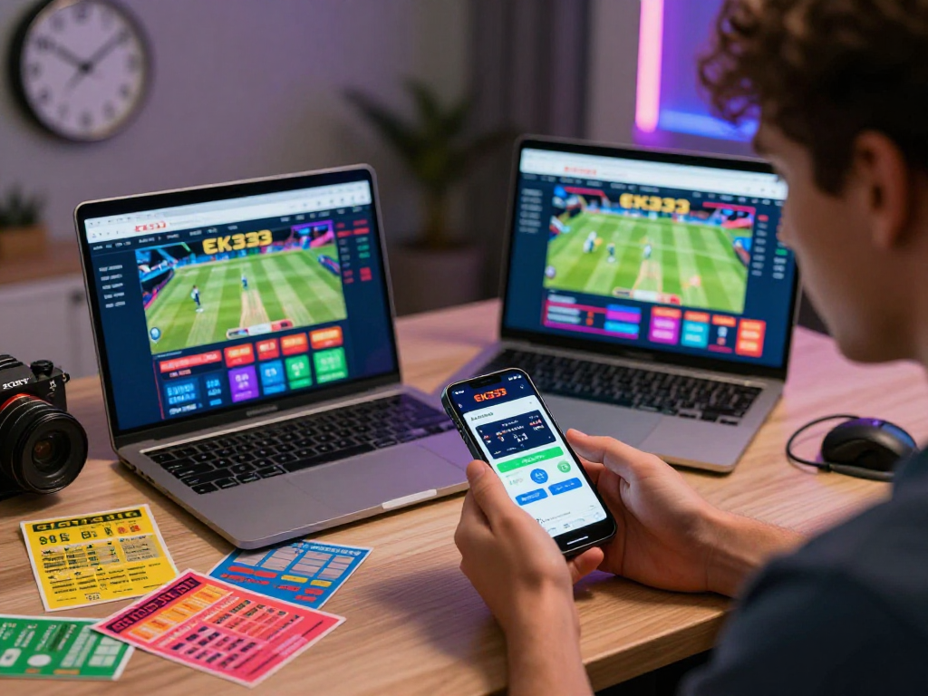 Engaged player using EK333 mobile app for live betting and cricket odds.