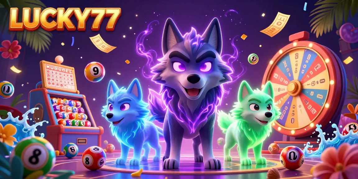 Spin to win with LUCKY77 as shadow wolves celebrate luck amidst vibrant lottery elements.