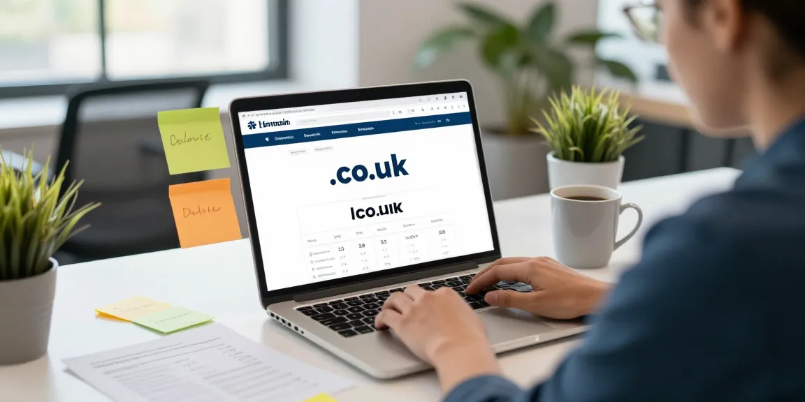 Professional focused on .co.uk domain registration in a bright office.