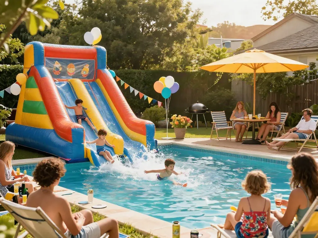 Children enjoying inflatable water slides at a vibrant summer pool party.