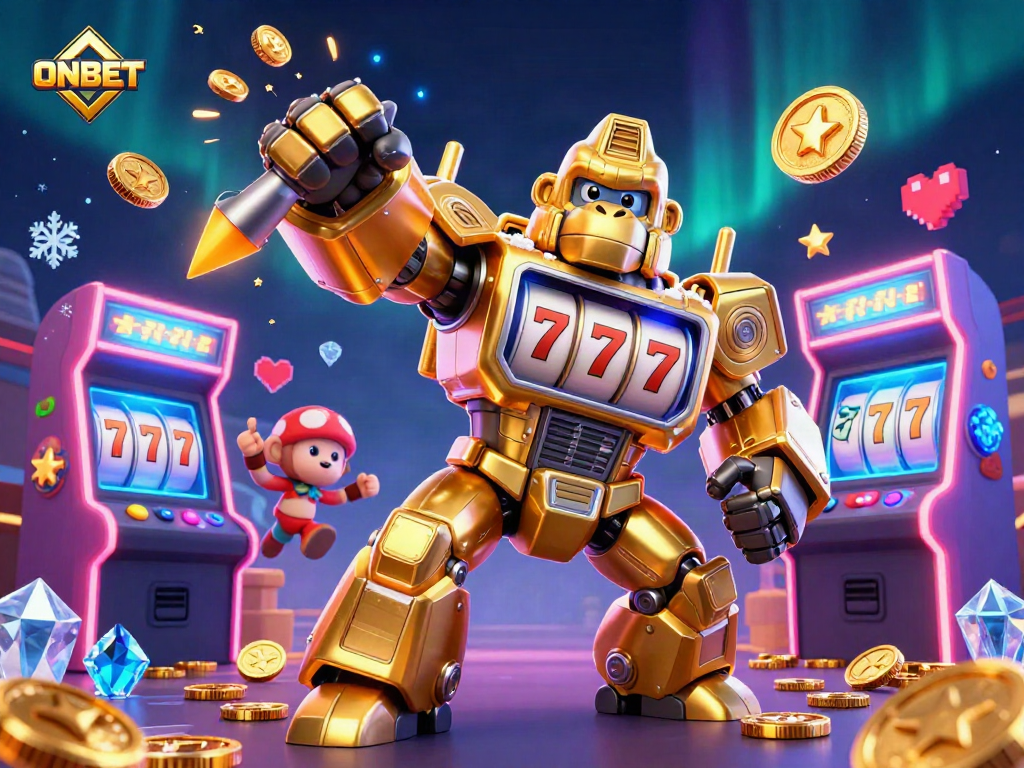 Engaging ONBET gaming scene featuring a golden gorilla mech and vibrant arcade elements.