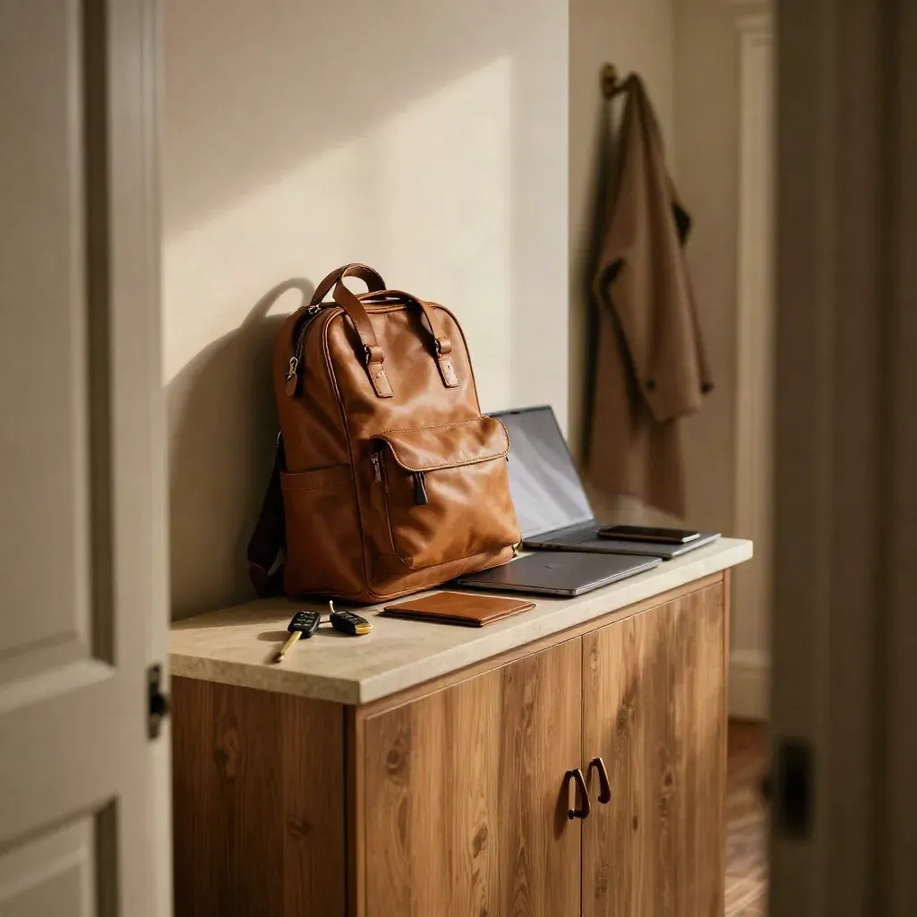 Hallway console with laptop, keys, folio, school bag and a blurred coat in warm morning light.