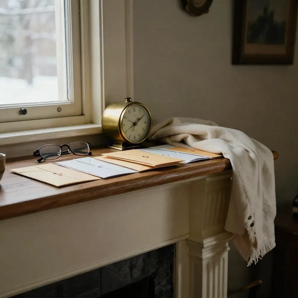 Fireplace mantel with envelopes, brass clock, glasses and folded throw in winter light.