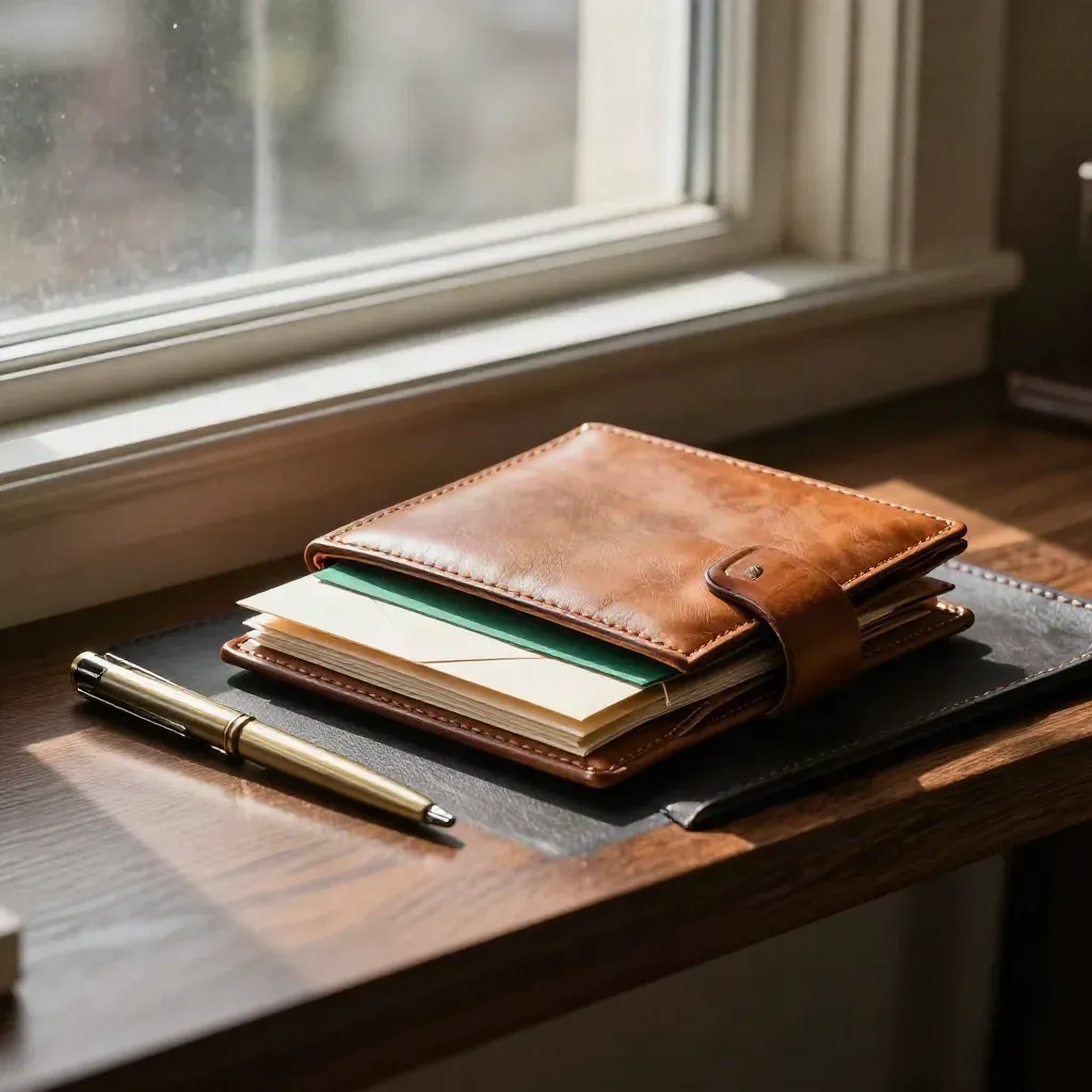 Leather pension wallets and archive envelopes in a tray, lit by sun through a window.
