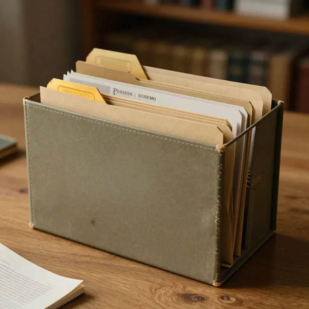 Overhead view of pension folders settling into one archive box under warm lamplight