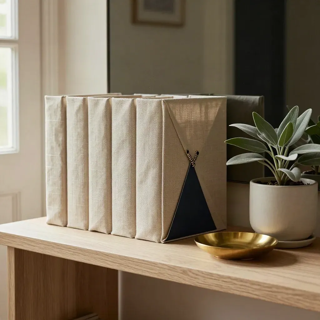 Hall console with folders shifting in a spring breeze, brass dish and potted plant in soft daylight.