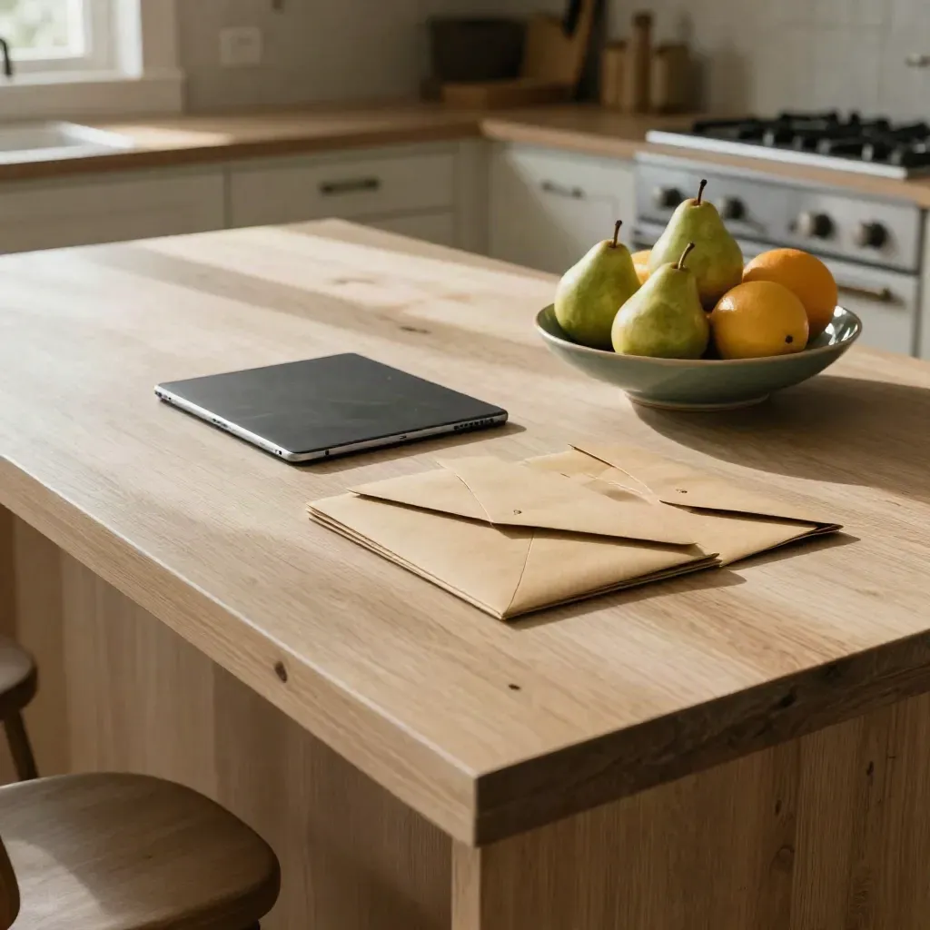 Sunlit kitchen island with budget envelopes, closed tablet, and emerald fruit bowl.