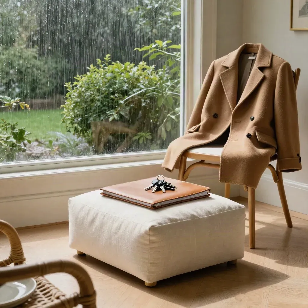 Leather folio, travel keys and folded coat in a sunlit garden room with rain on the glass.