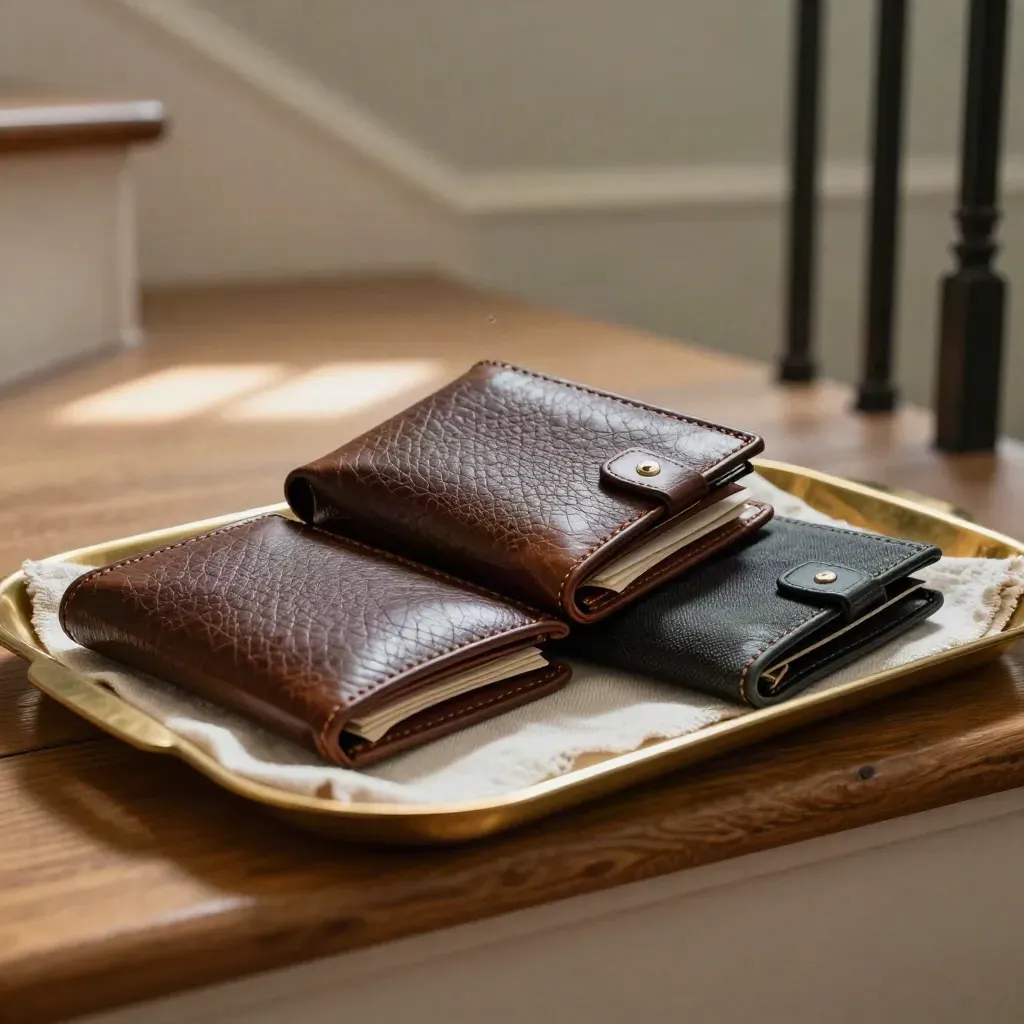 Low-angle stair landing with archive wallets in morning light beside a brass tray lined in linen.