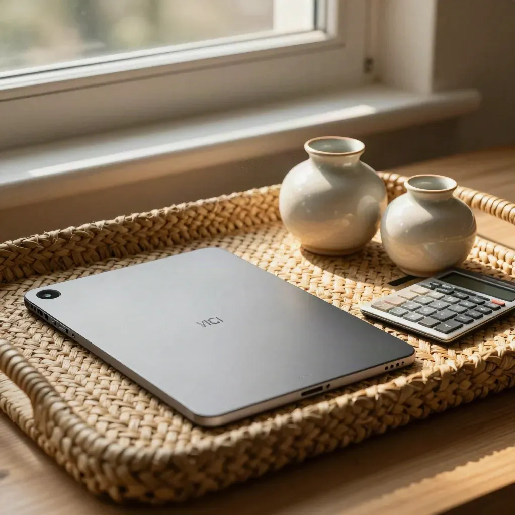 Tablet, calculator, ceramic forms and woven tray lit by a warm window beam.