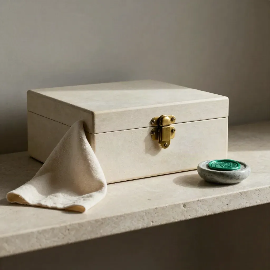 Sealed document box, linen cloth and stone bowl on a stone shelf with soft window light.