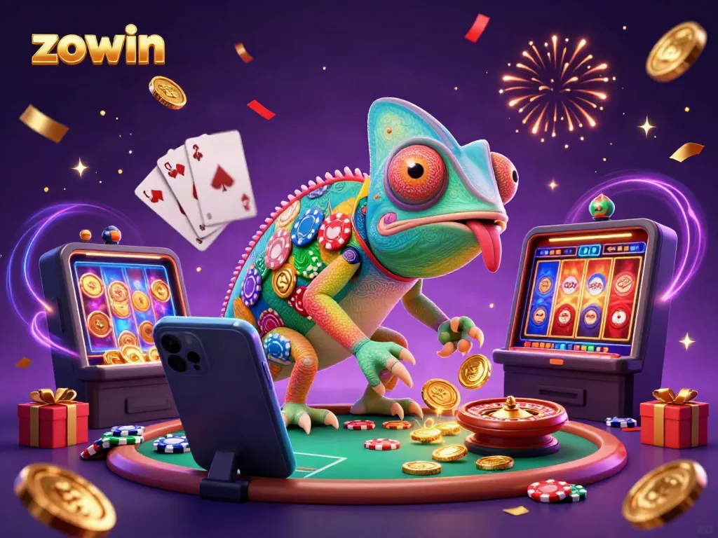 Play at Zowin casino with the colorful chameleon character in a vibrant casino scene.