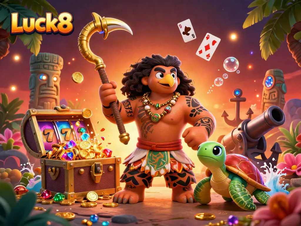 Experience thrilling adventures with Luck8 through a vibrant 3D casino illustration featuring a demigod, treasures, and gaming elements.