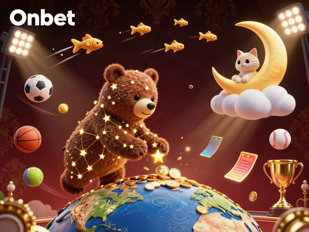 Onbet showcases excitement in a vibrant casino scene with gold coins and sports elements flying through the air.