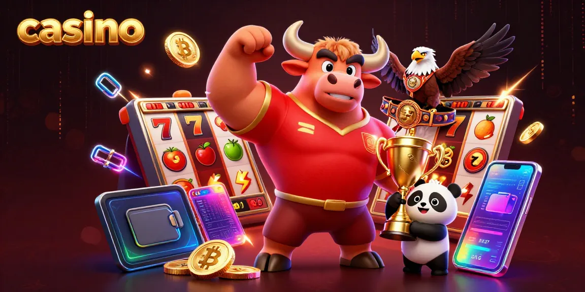 Engaging casino scene featuring a bull mascot, eagle, and panda with slot machine elements.