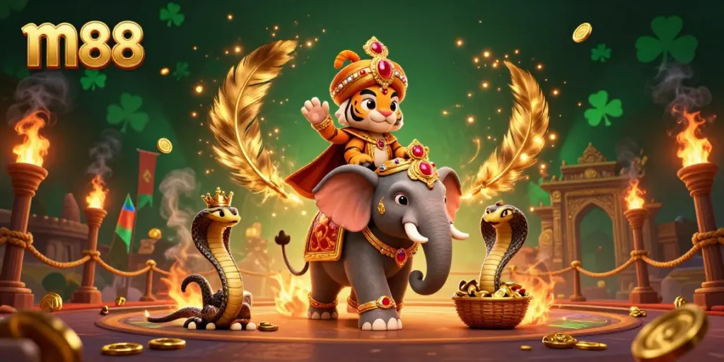 Experience thrilling m88 casino adventures with a 3D Indian maharaja tiger and jewel-encrusted elephant.
