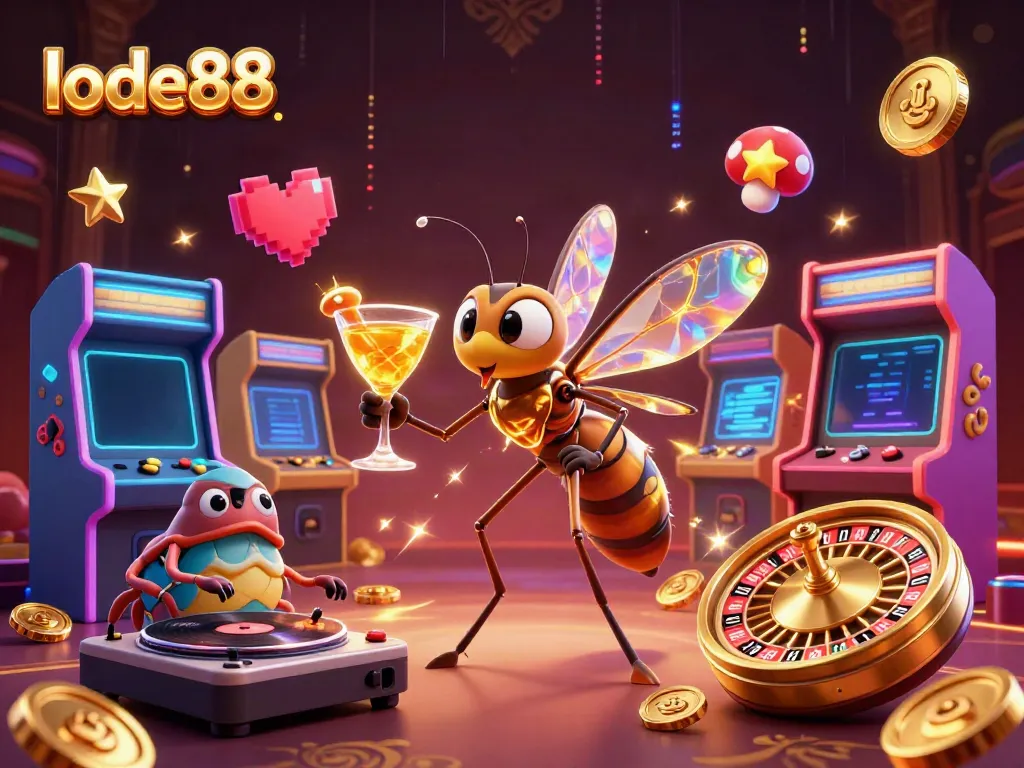 Experience thrilling gameplay at lode88 with vibrant characters, casino elements, and dynamic arcade machines.