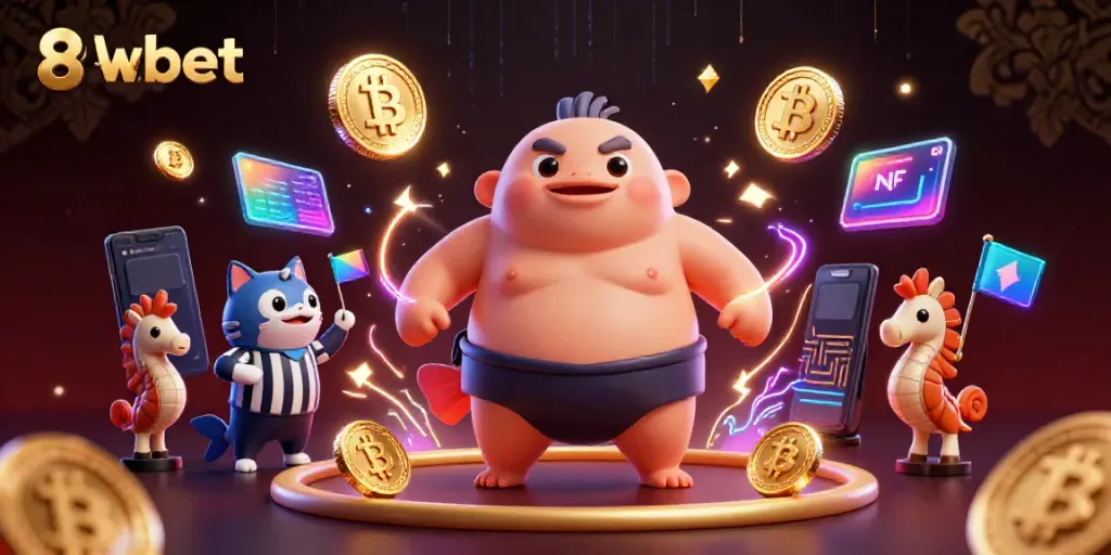 Engage with 8xbet's thrilling underwater casino scene featuring a sumo fugu and catfish referee amidst neon crypto elements.