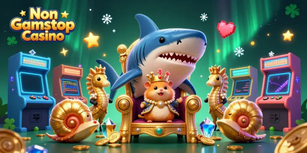 Experience thrilling gameplay at a Non Gamstop Casino with a vibrant scene of a golden hamster king among gaming elements.