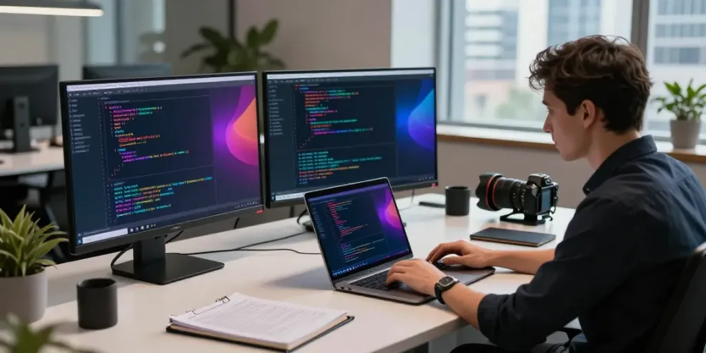 Developer coding for instant indexing in a modern tech workspace, highlighting productivity.