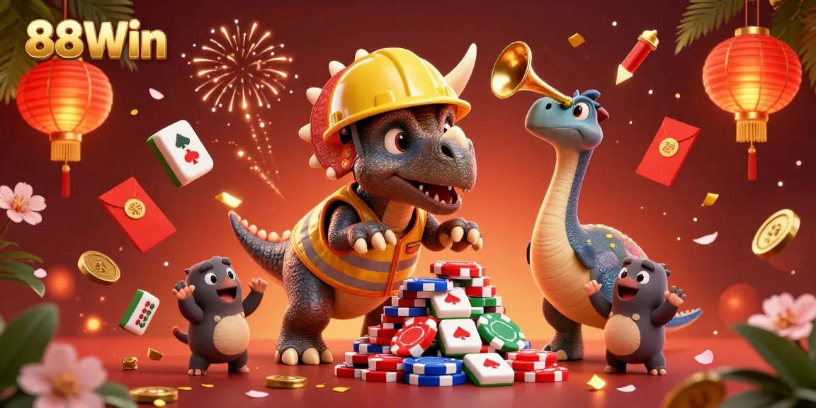 Celebrate wins at 88Win with a festive illustration of a triceratops building poker chip pyramids.