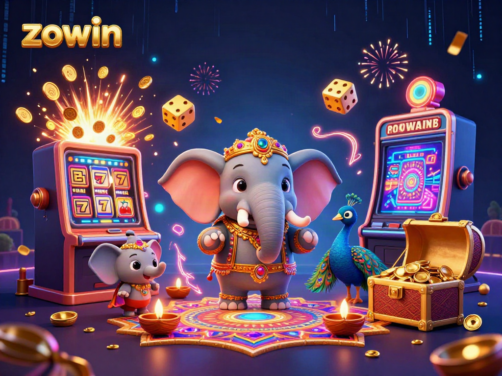 Zowin slots burst with colorful coins and festive characters in vibrant casino scene.