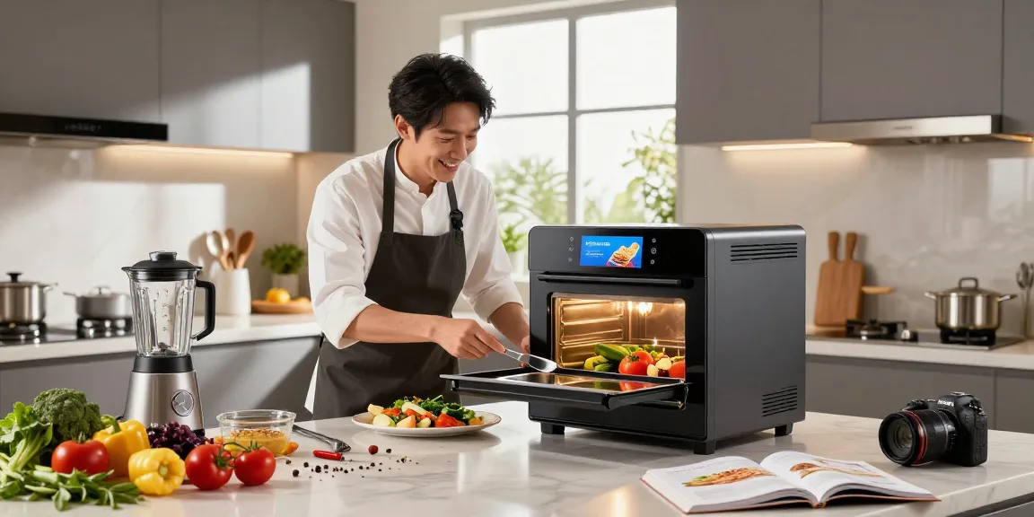Home cook using AI cooking gadgets in a modern kitchen to prepare gourmet meals.
