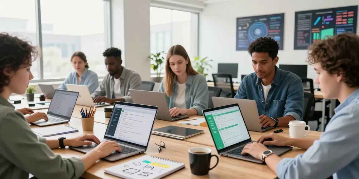 Team collaborating on WhatsApp網頁版 features in a bright tech workspace showcasing modern communication tools.