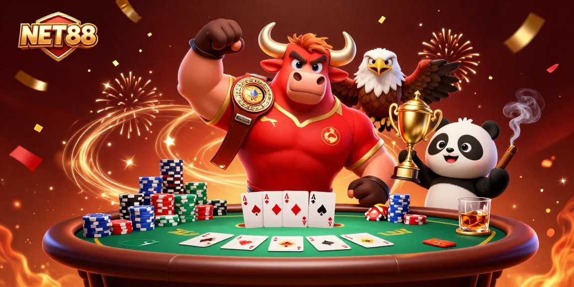 Engage in thrilling poker action with NET88's champion mascots celebrating a big win.