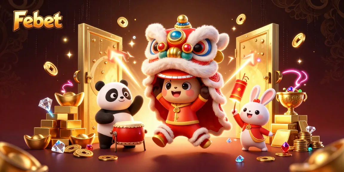 Experience the excitement of Febet as the lion dance, drumming panda, and festive elements animate a rich casino scene.