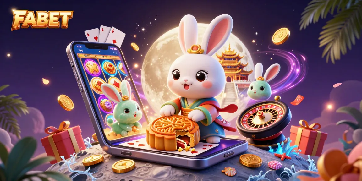 Join the fun with FABET, featuring a vibrant casino scene of moon rabbits and poker chips.