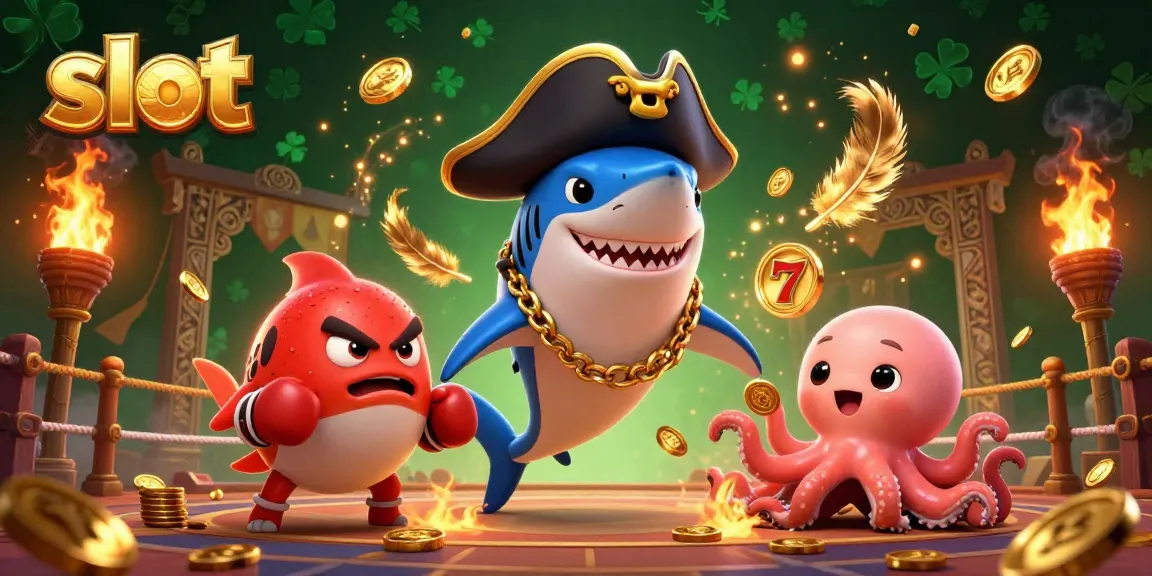 Spin the slot machines with animated pirate shark and friends collecting coins in a casino scene.