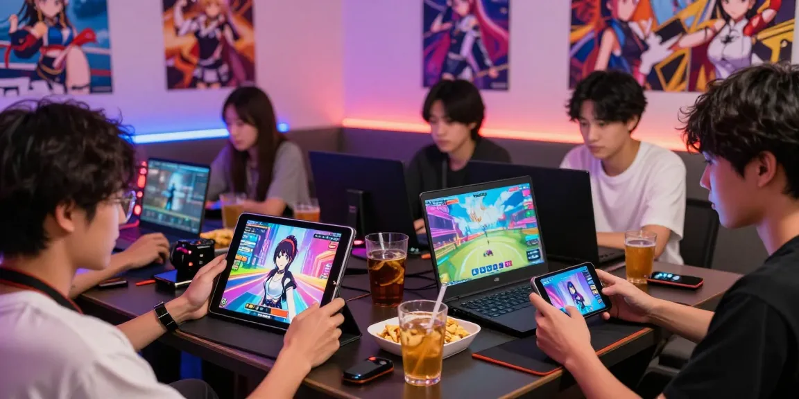 Engaging scene of friends playing a hentai game on various devices in a vibrant gaming lounge.