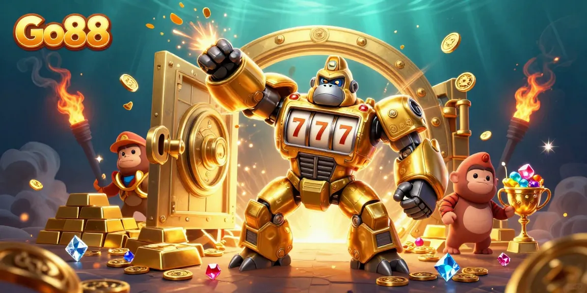 Experience thrilling gameplay at Go88 with a massive golden gorilla mech and explosive slot machine elements!