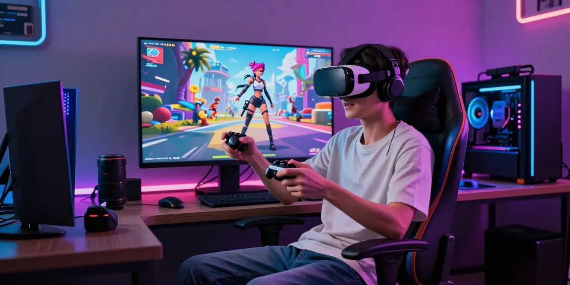 Engaging scene of a gamer exploring an interactive NSFW AI character in a vibrant virtual reality setup.