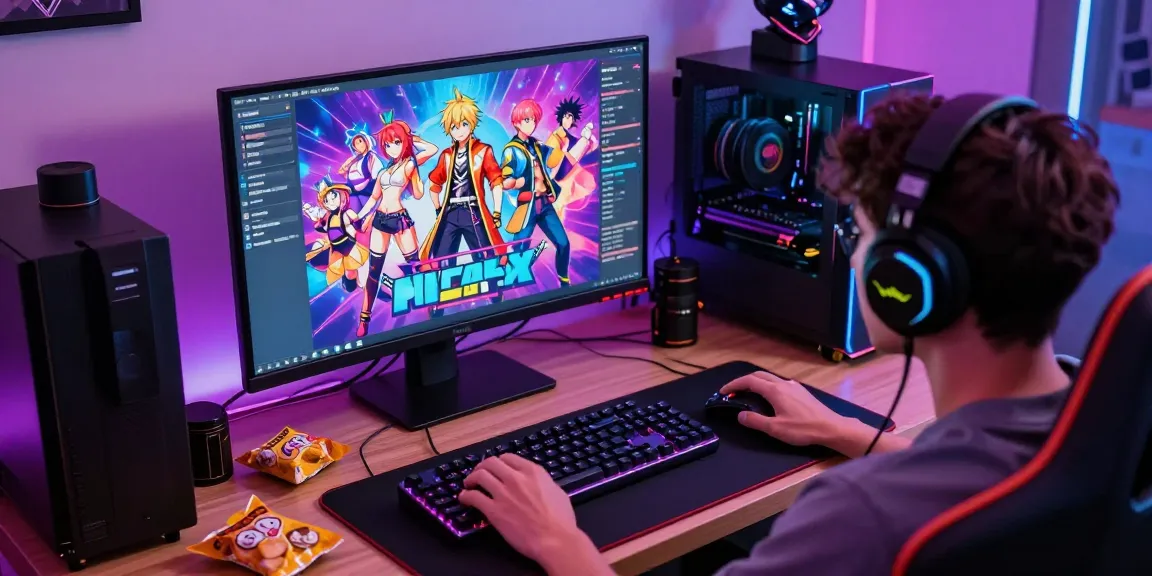 Player enjoying ecchi games on a vibrant gaming setup with colorful lights.