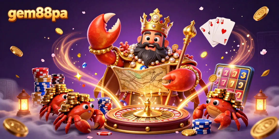 Experience the excitement at gem88pa with a vibrant scene of a golden crab emperor in a rich casino atmosphere.