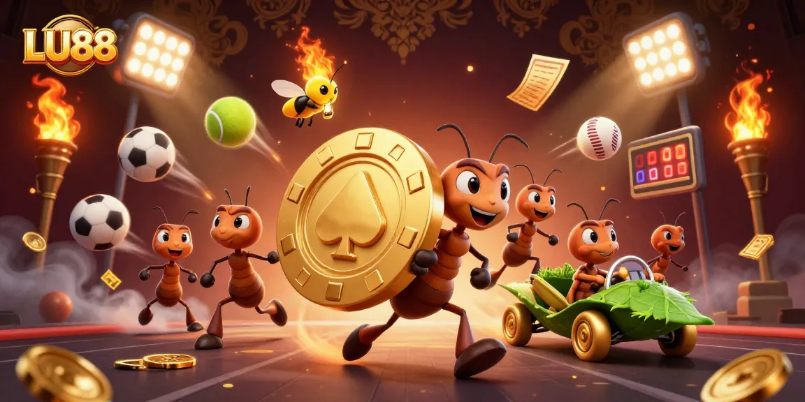 LU88 showcases a lively heist scene with ants carrying poker chips and sports elements flying around.