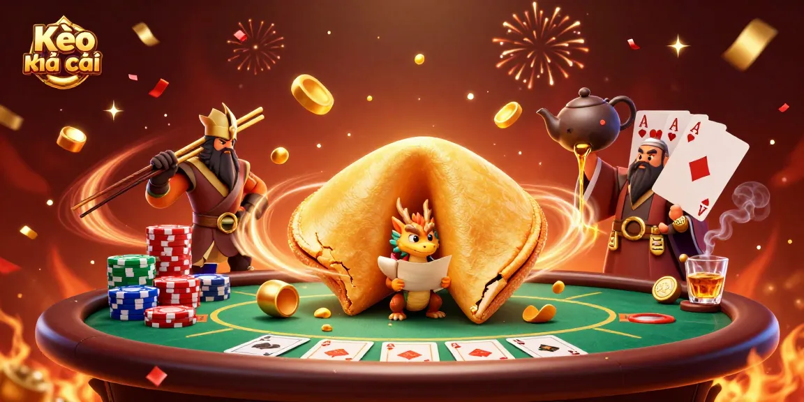 Kèo nhà cái showcases a dynamic casino scene with a golden fortune cookie, poker elements, and whimsical characters guarding fortunes.