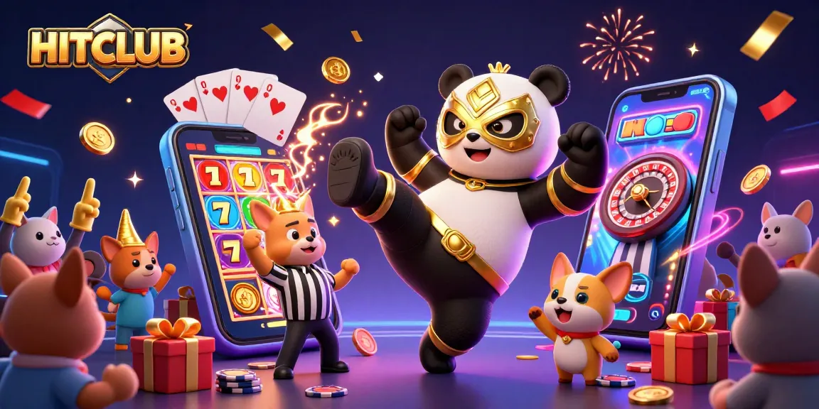 Experience HITCLUB excitement with a vibrant 3D scene showcasing casino-themed elements and engaging characters.