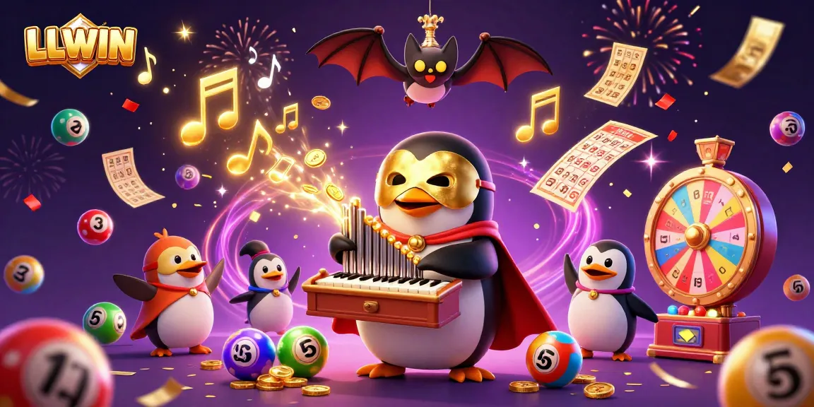 LLWIN penguin playing an organ with golden coins, colorful lottery balls, and festive effects