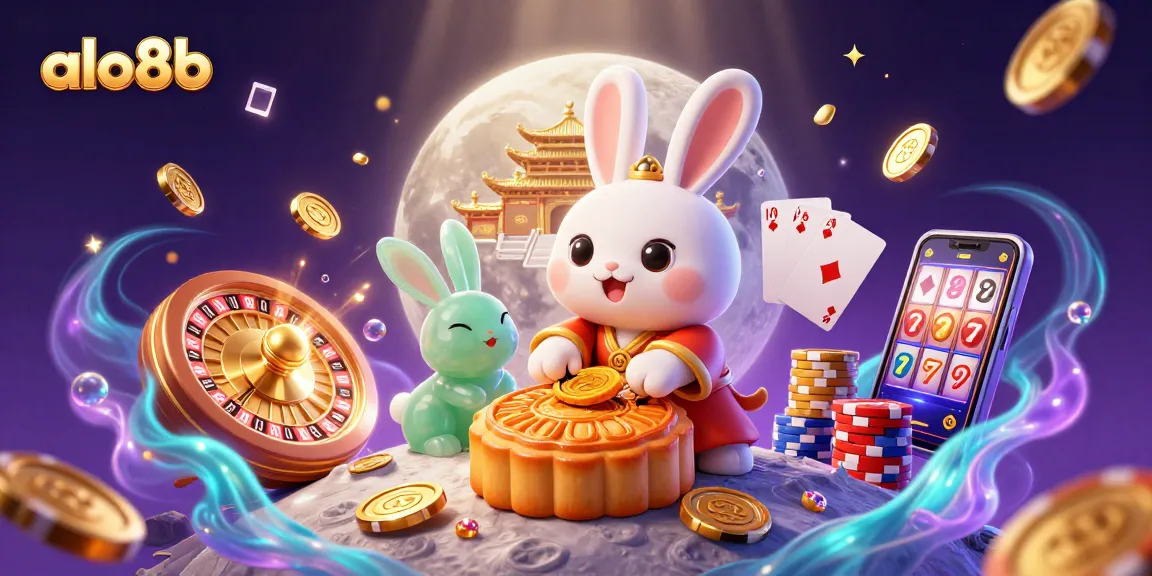 Enjoy thrilling gaming with alo8b's vibrant casino adventure featuring a moon rabbit, poker chips, and festive decorations.