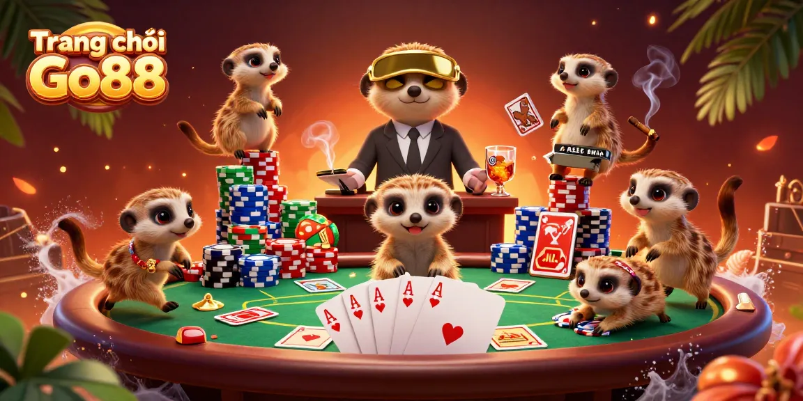Engage in thrilling gaming at Trang chủ Go88 with cartoon meerkats managing a vibrant casino atmosphere.