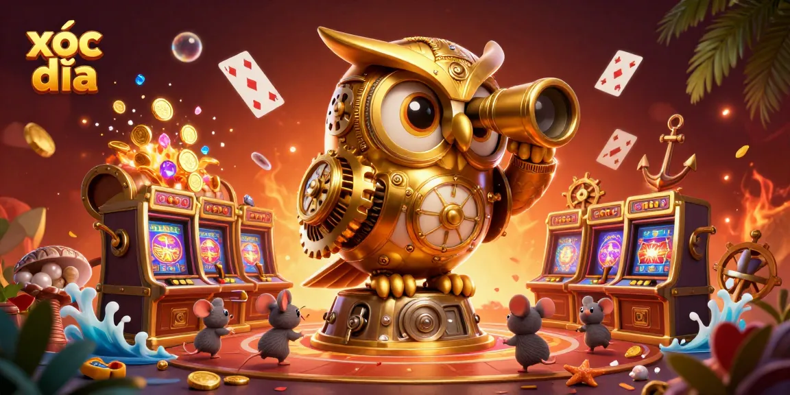 Experience the excitement of xóc đĩa with our golden owl overseeing a bustling casino scene.