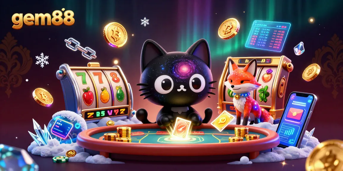 Engage with gem88 slots at a cosmic casino featuring a black hole cat and colorful elements.